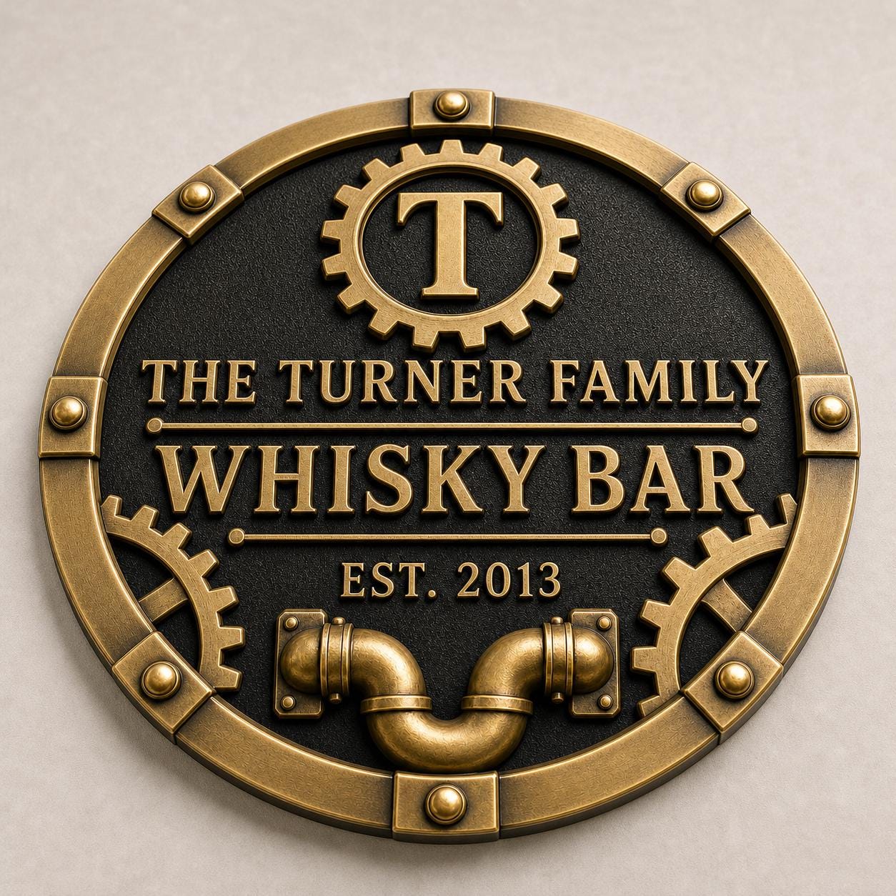 Personalised Industrial Whisky Bar Sign | Antique Brass Steampunk Home Bar Plaque | Custom Wall Decor
