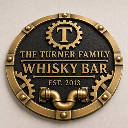Personalised Industrial Whisky Bar Sign | Antique Brass Steampunk Home Bar Plaque | Custom Wall Decor