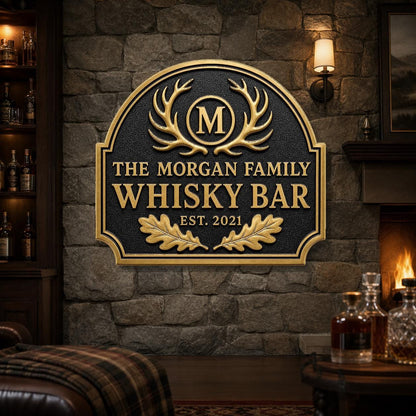 Personalised Antler Home Bar Sign | Antique Brass Whisky Plaque | Custom Deer Wall Decor