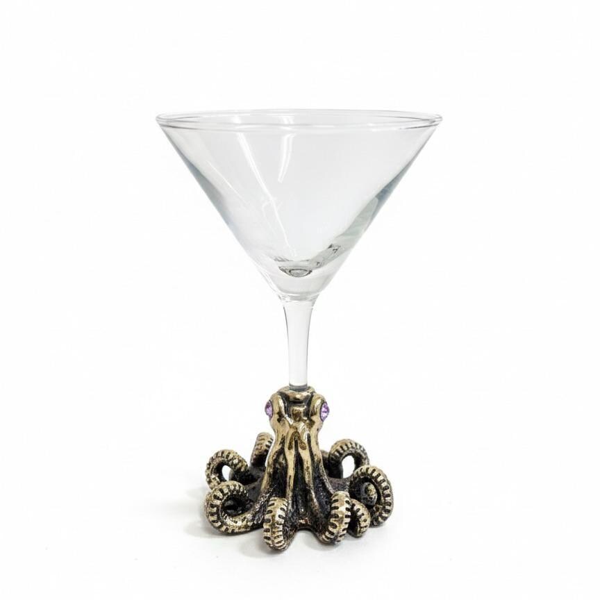 Octopus Martini Glass – Antique Brass Base with Gemstone Eyes, 6.5 oz