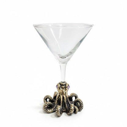 Octopus Martini Glass – Antique Brass Base with Gemstone Eyes, 6.5 oz