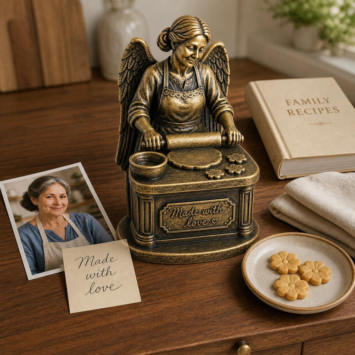 Personalised Baker Memorial Figurine from Photo, Antique Brass Angel Statue, Grandma Remembrance Gift
