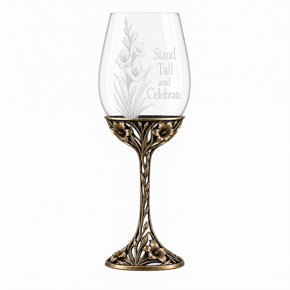 August Gladiolus Wine Glass, Personalised Birth Flower, Openwork Brass Stem, Custom Etched Gift