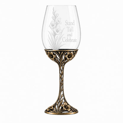 August Gladiolus Wine Glass, Personalised Birth Flower, Openwork Brass Stem, Custom Etched Gift