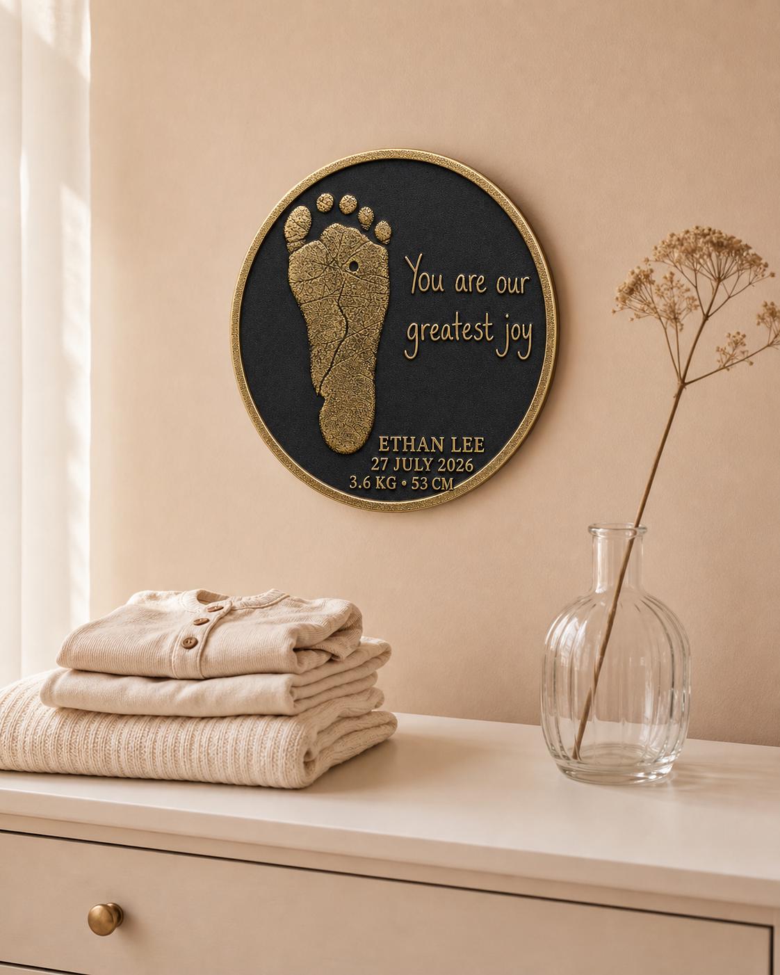 Personalised Baby Footprint Plaque, Custom Birth Stats Keepsake, Antique Brass Gift