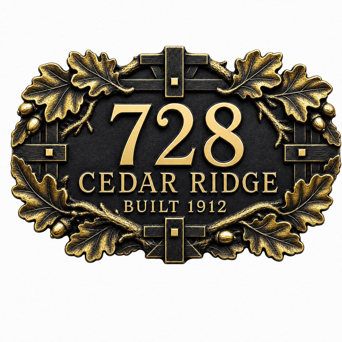Personalized Antique Brass House Number Plaque | Custom Address Sign | Oak Leaf Family Name Plate