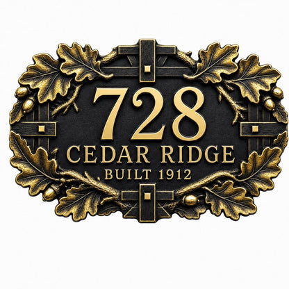Personalized Antique Brass House Number Plaque | Custom Address Sign | Oak Leaf Family Name Plate