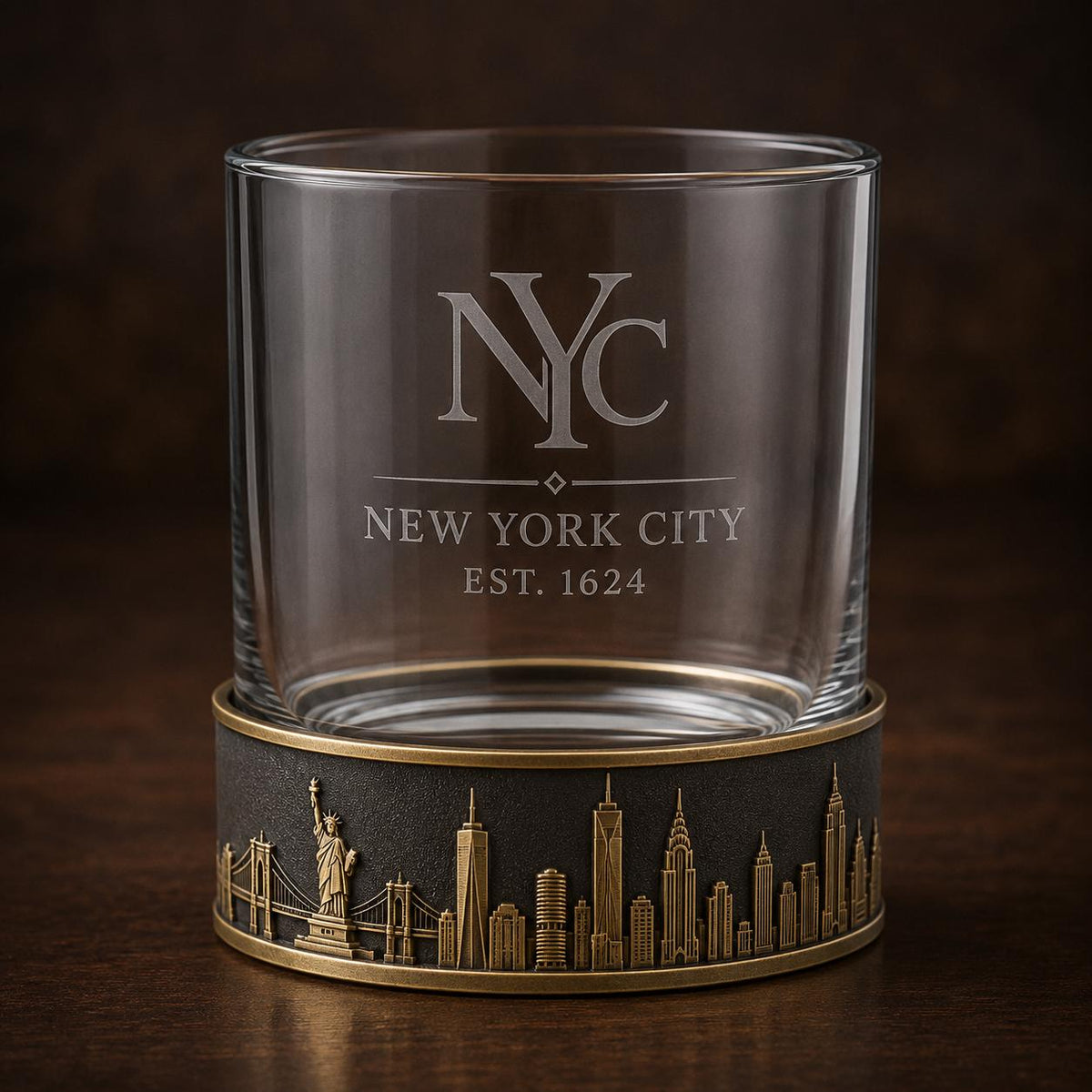 Personalised Laser Etched Brass Base Whiskey Glass | Custom Text/Name Glasses | New York Skyline Glass