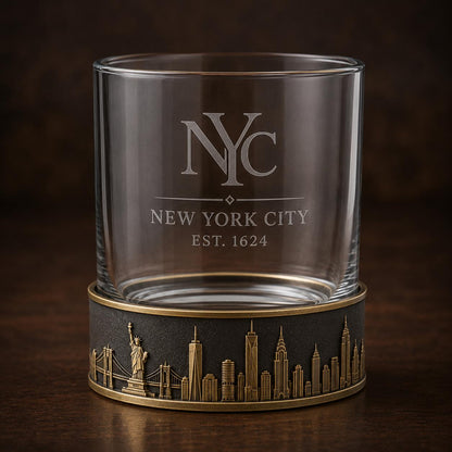 Personalised Laser Etched Brass Base Whiskey Glass | Custom Text/Name Glasses | New York Skyline Glass