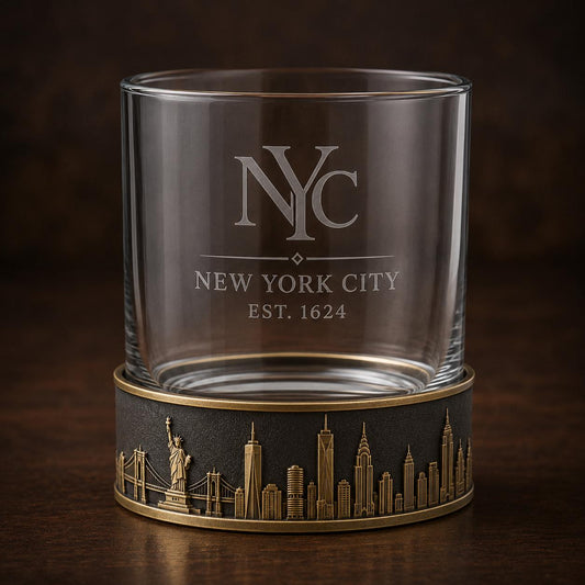 Personalised Laser Etched Brass Base Whiskey Glass | Custom Text/Name Glasses | New York Skyline Glass