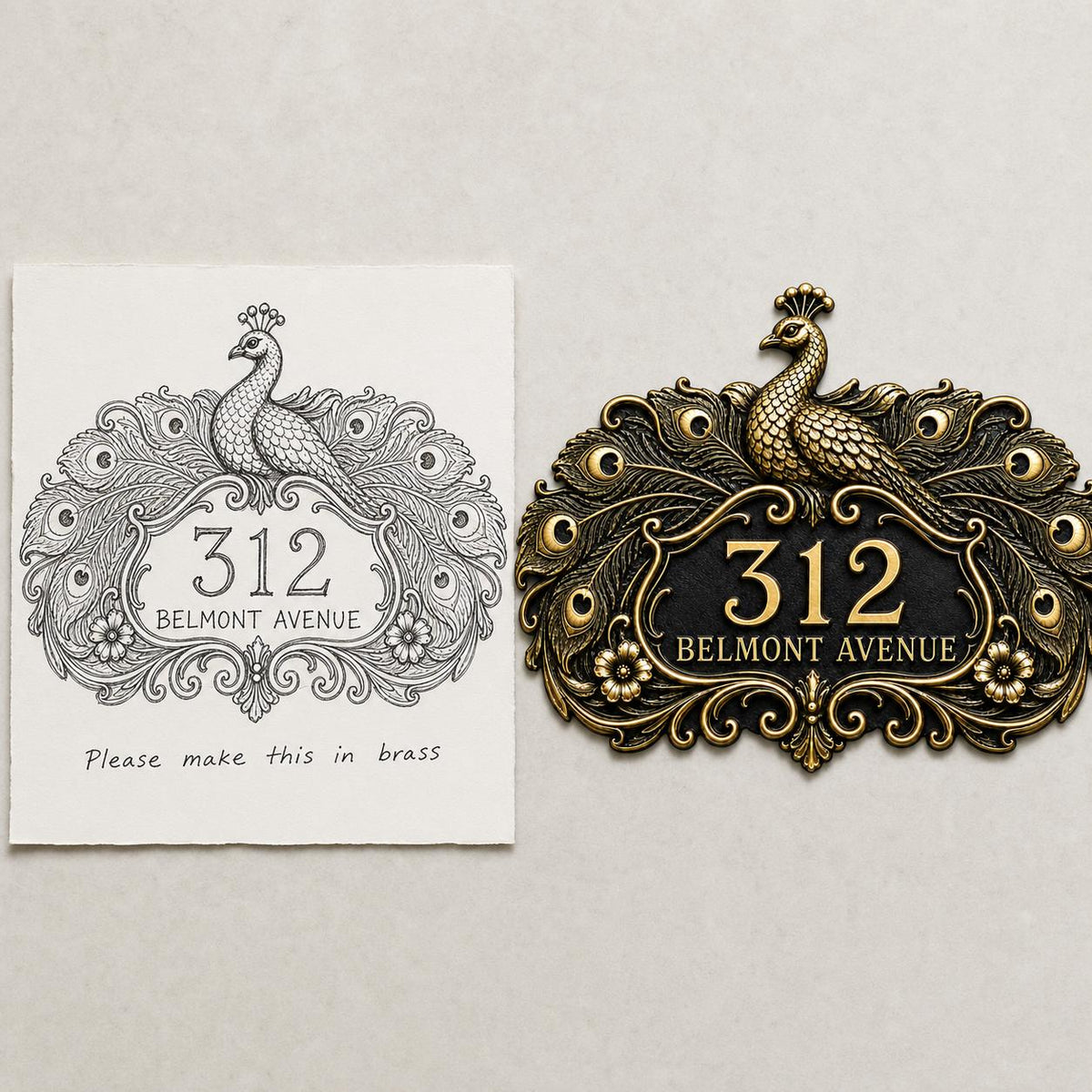 Design Your Own Custom House Number Plaque | Personalized Peacock Antique Brass Address Sign