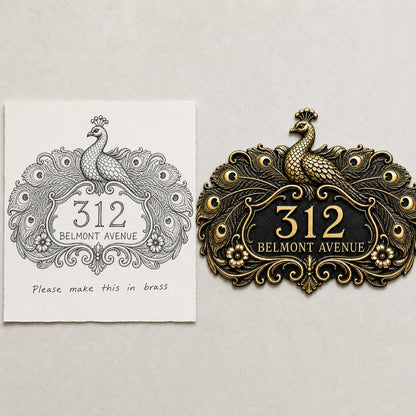 Design Your Own Custom House Number Plaque | Personalized Peacock Antique Brass Address Sign