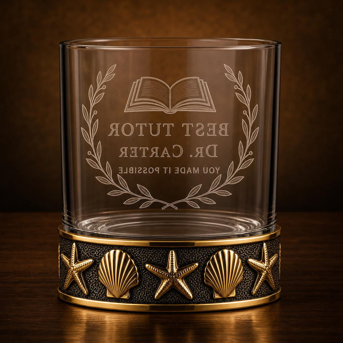 Personalized Starfish and Seashell Whiskey Glass – Custom Etched Old Fashioned Glass, 10 oz