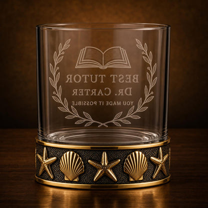 Personalized Starfish and Seashell Whiskey Glass – Custom Etched Old Fashioned Glass, 10 oz