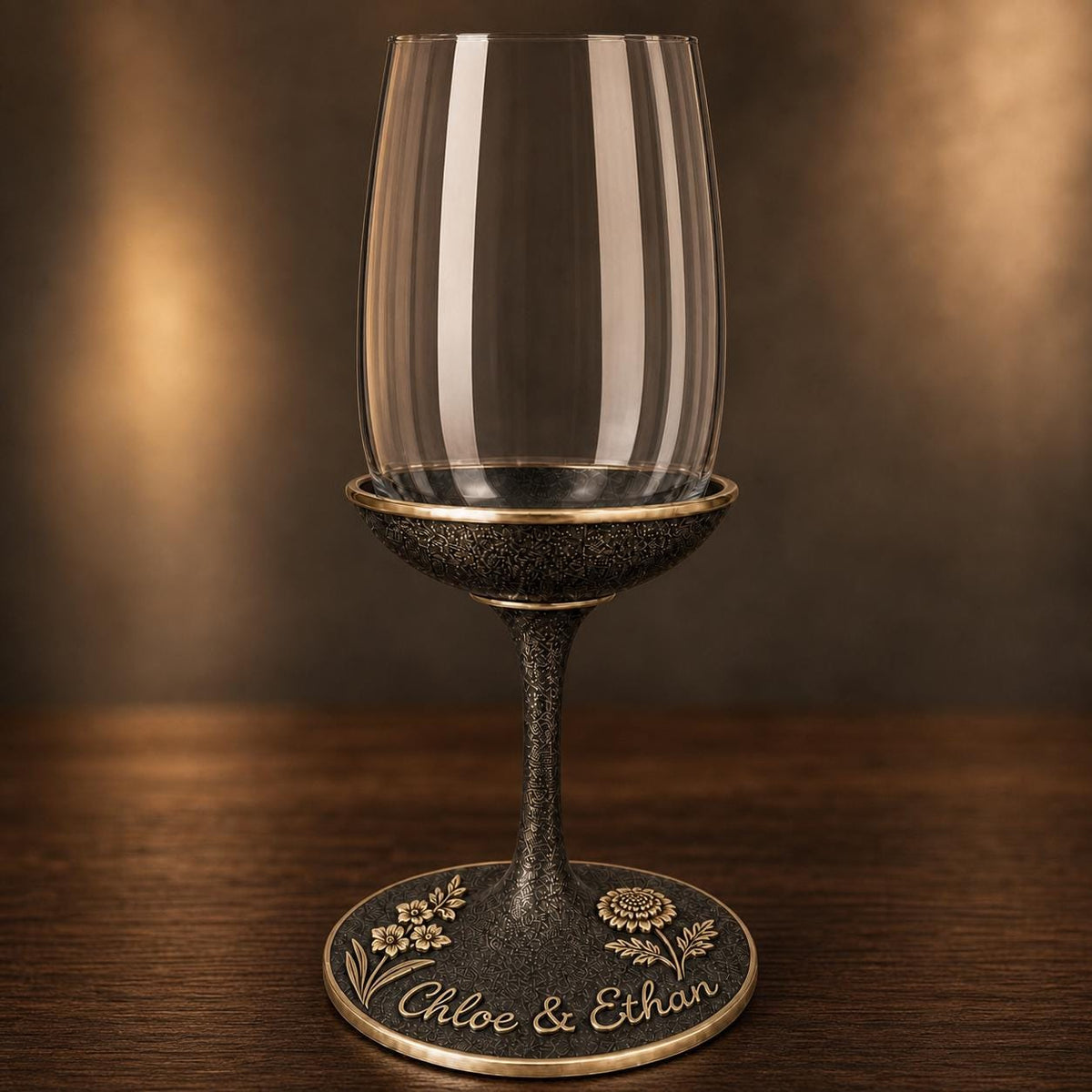 Personalised Handwriting Birth Flower Wine Glass, Gladiolus & Marigold Antique Brass Base