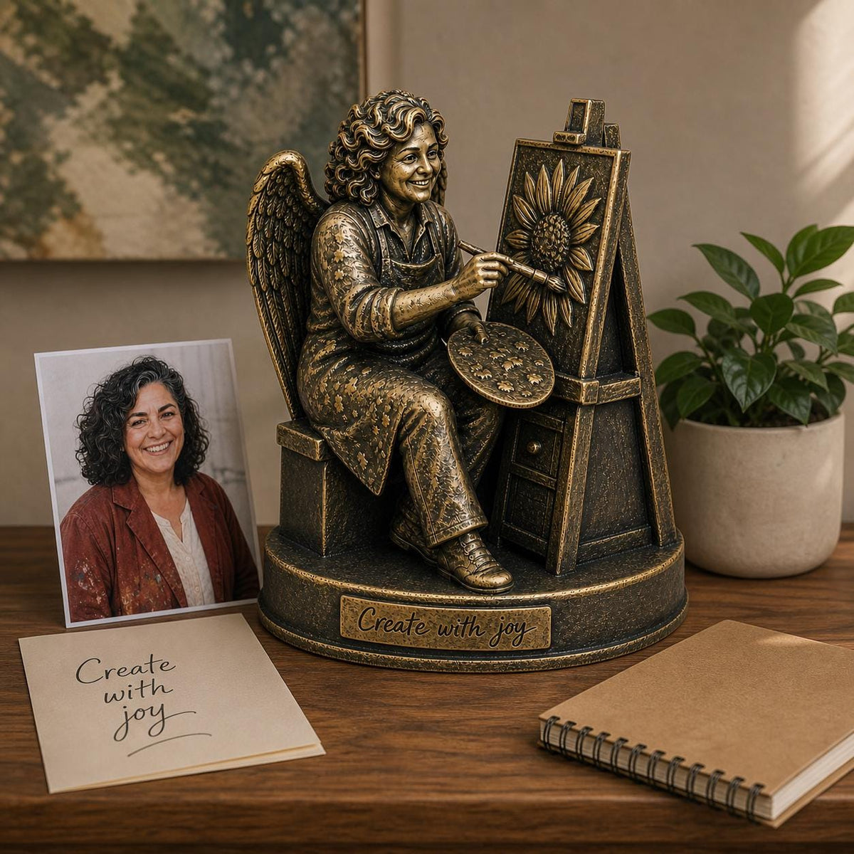 Personalised Painter Memorial Figurine from Photo, Antique Brass Angel Statue, Artist Remembrance Gift