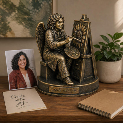 Personalised Painter Memorial Figurine from Photo, Antique Brass Angel Statue, Artist Remembrance Gift