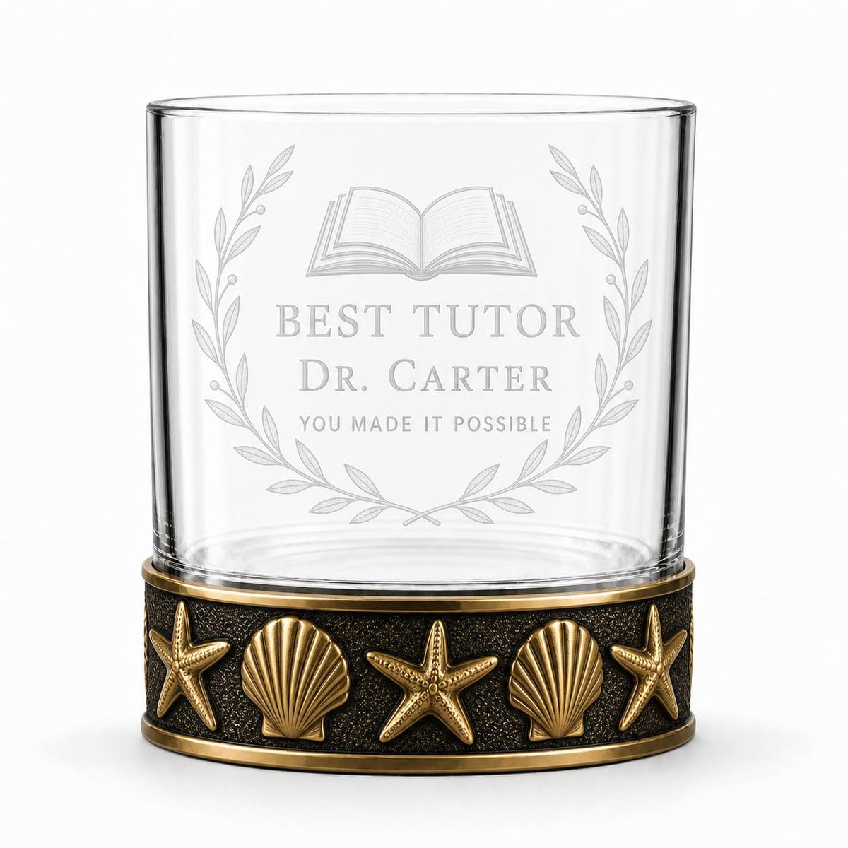 Personalized Starfish and Seashell Whiskey Glass – Custom Etched Old Fashioned Glass, 10 oz