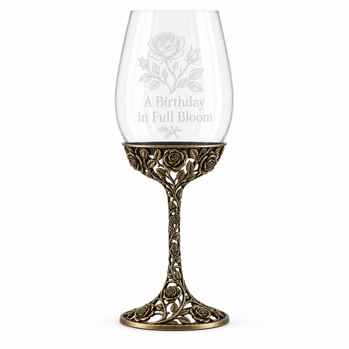 June Rose Wine Glass, Personalised Birth Flower, Openwork Brass Stem, Custom Etched Gift