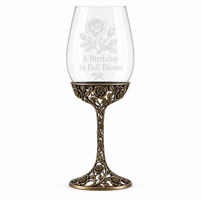 June Rose Wine Glass, Personalised Birth Flower, Openwork Brass Stem, Custom Etched Gift