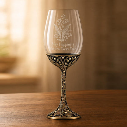 May Lily of the Valley Wine Glass, Personalised Birth Flower, Openwork Brass Stemware