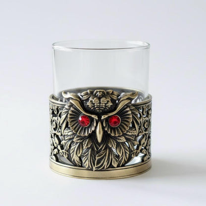 Gemstone Owl Whiskey Glass – Antique Brass Holder, 10 oz