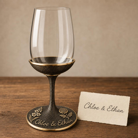 Personalised Handwriting Birth Flower Wine Glass, Gladiolus & Marigold Antique Brass Base