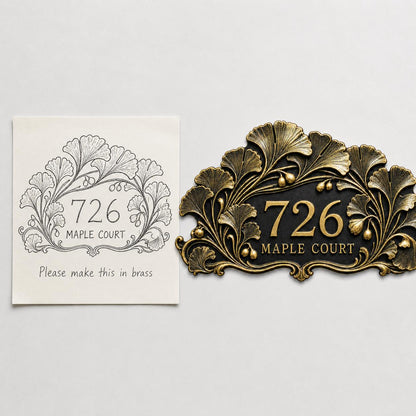 Design Your Own Custom House Number Plaque | Personalized Antique Brass Ginkgo Leaves Address Sign