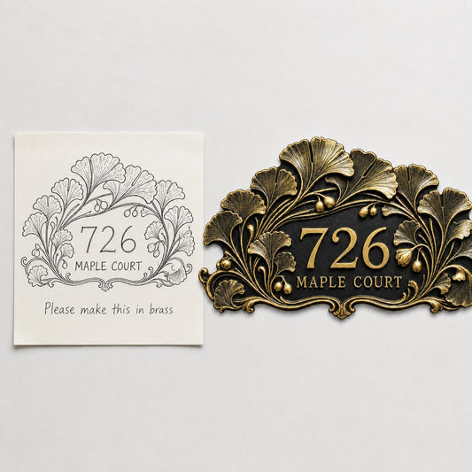 Design Your Own Custom House Number Plaque | Personalized Antique Brass Ginkgo Leaves Address Sign