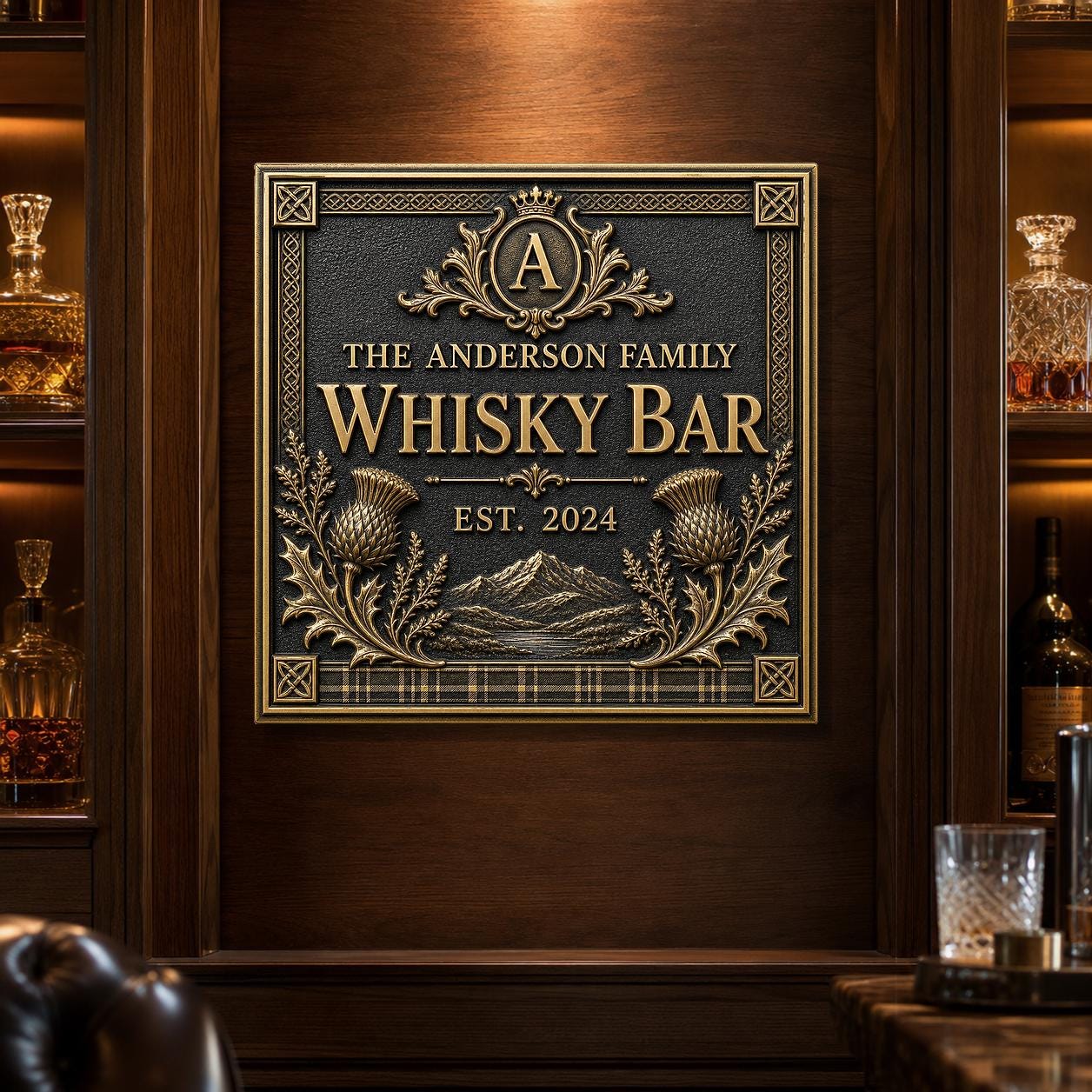Personalised Scottish Whisky Bar Sign | Antique Brass Highland Plaque | Custom Family Home Bar Gift