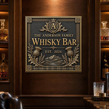 Personalised Scottish Whisky Bar Sign | Antique Brass Highland Plaque | Custom Family Home Bar Gift