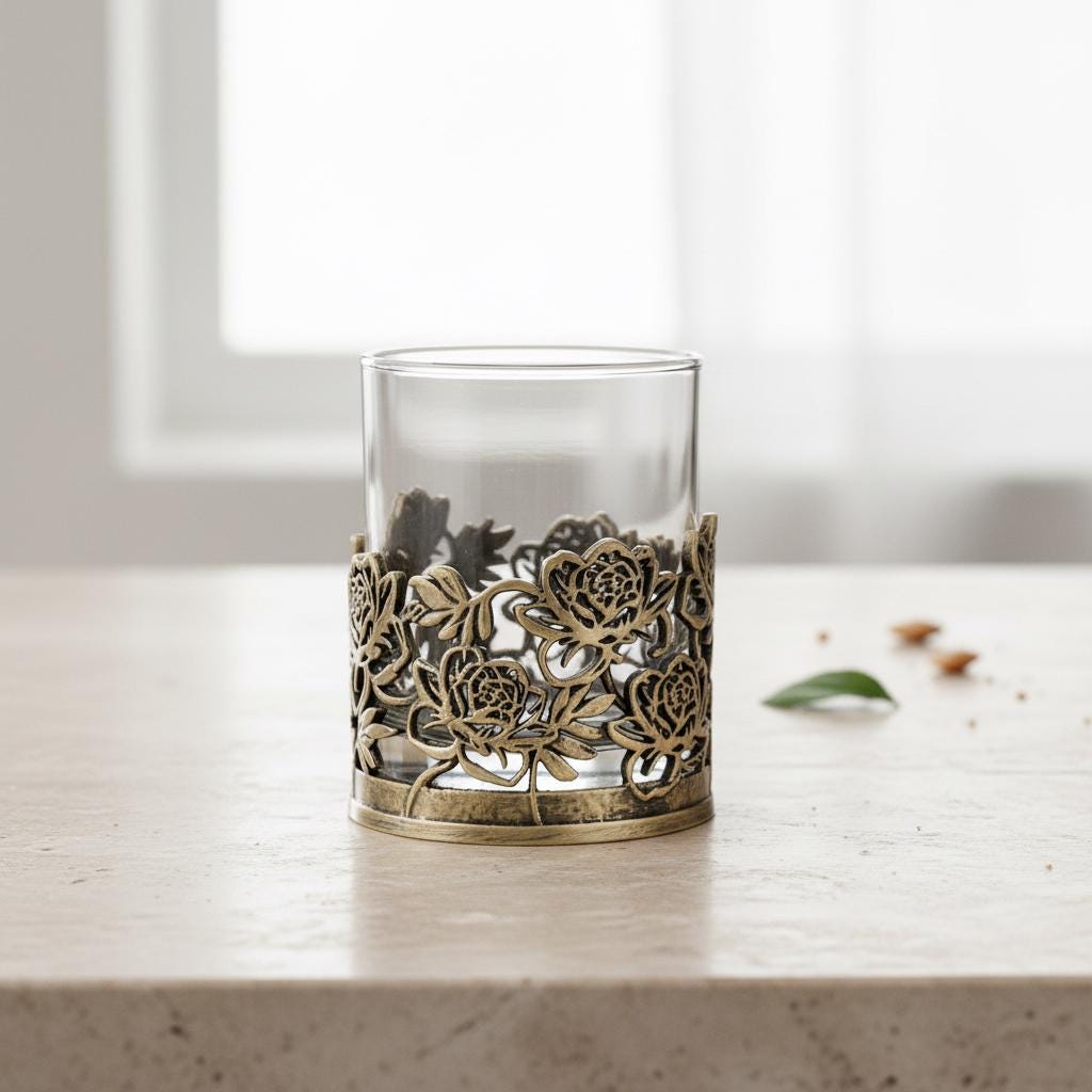 Floral Whiskey Glass – Openwork Metal Holder, 10 oz