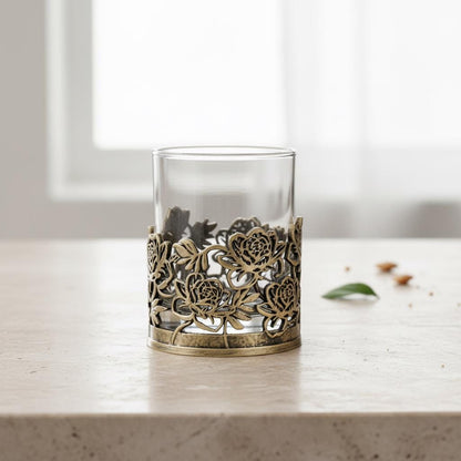 Floral Whiskey Glass – Openwork Metal Holder, 10 oz
