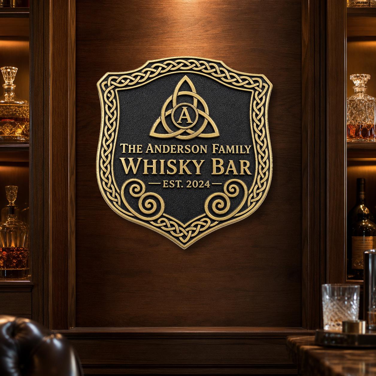 Personalised Celtic Whisky Bar Sign | Antique Brass Trinity Knot Plaque | Custom Family Home Bar Gift