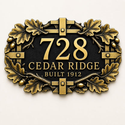 Personalized Antique Brass House Number Plaque | Custom Address Sign | Oak Leaf Family Name Plate