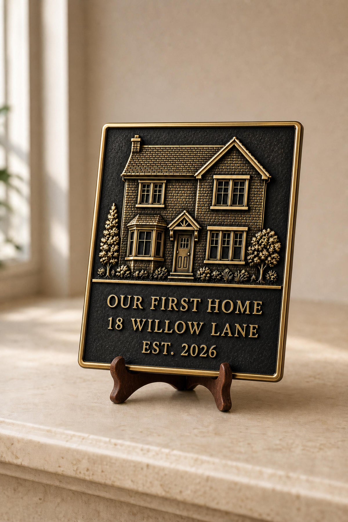 Custom House Portrait Plaque | Personalised Architectural Relief | Antique Brass Keepsake Gift