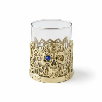 Gemstone Skull Whiskey Glass – Gold Holder, 10 oz