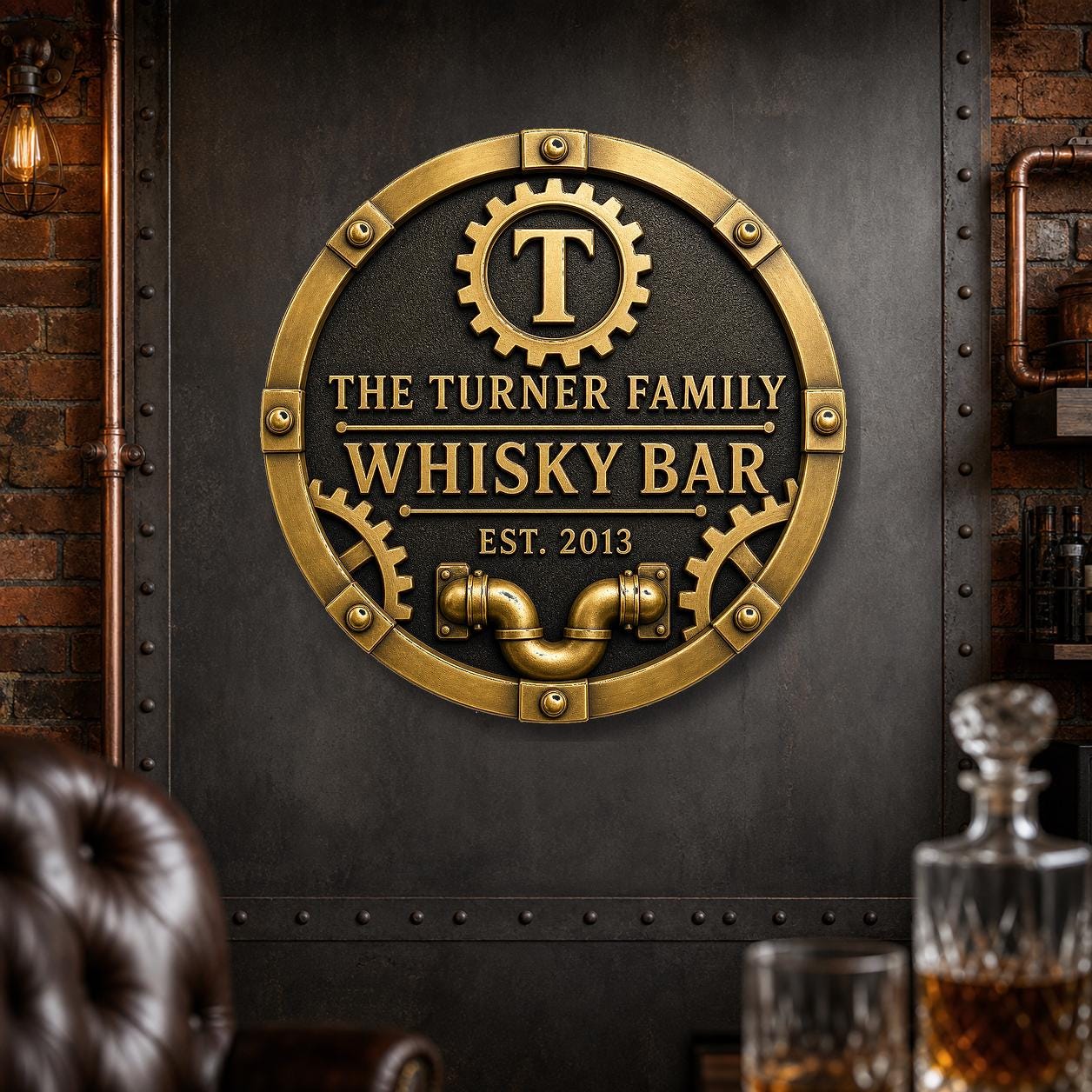 Personalised Industrial Whisky Bar Sign | Antique Brass Steampunk Home Bar Plaque | Custom Wall Decor