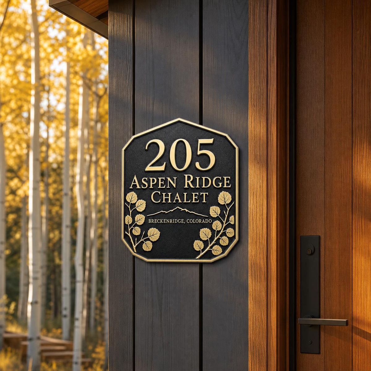 Personalised Mountain Cabin Address Plaque | Custom Metal House Number | Antique Brass Wall Decor