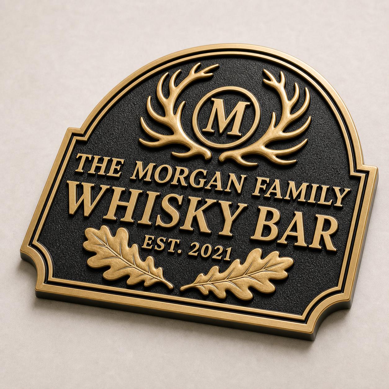 Personalised Antler Home Bar Sign | Antique Brass Whisky Plaque | Custom Deer Wall Decor