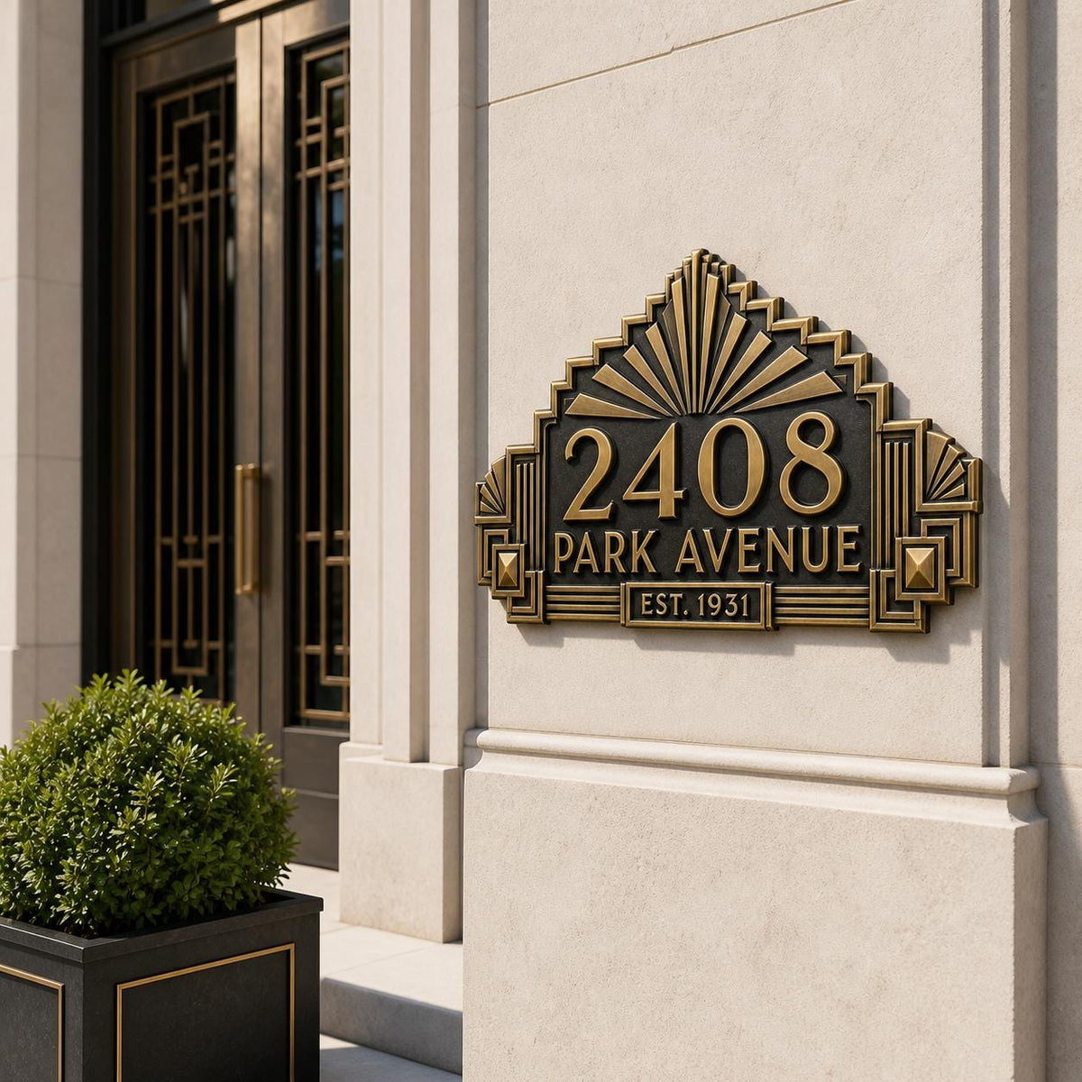 Personalized Antique Brass House Number Plaque | Custom Address Sign | Art Deco Design