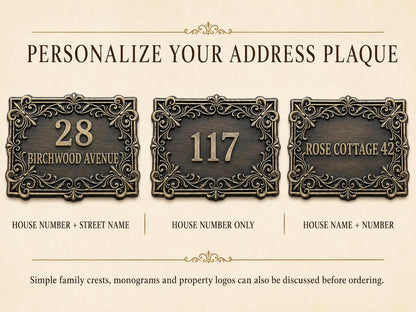 Custom Victorian House Number Sign, Ornate Antique Brass Address Plaque, Personalized Front Door Number