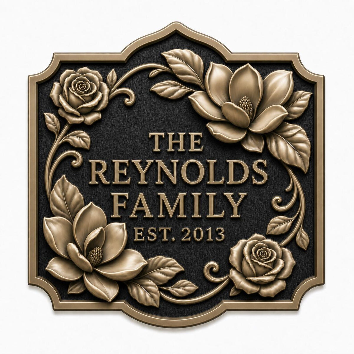 Design 13. Magnolia and rose border family name plaque in antique brass finish