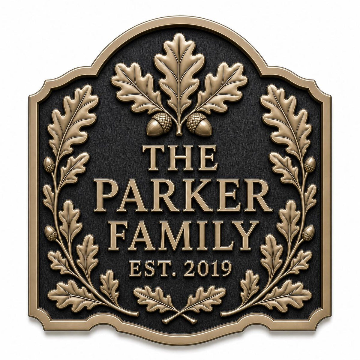 Design 14. Oak leaves and acorns family name plaque in antique brass finish