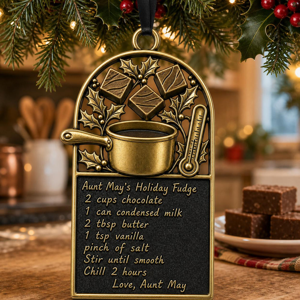 Personalised recipe ornament with chocolate pieces and a cooking pot and raised antique brass lettering