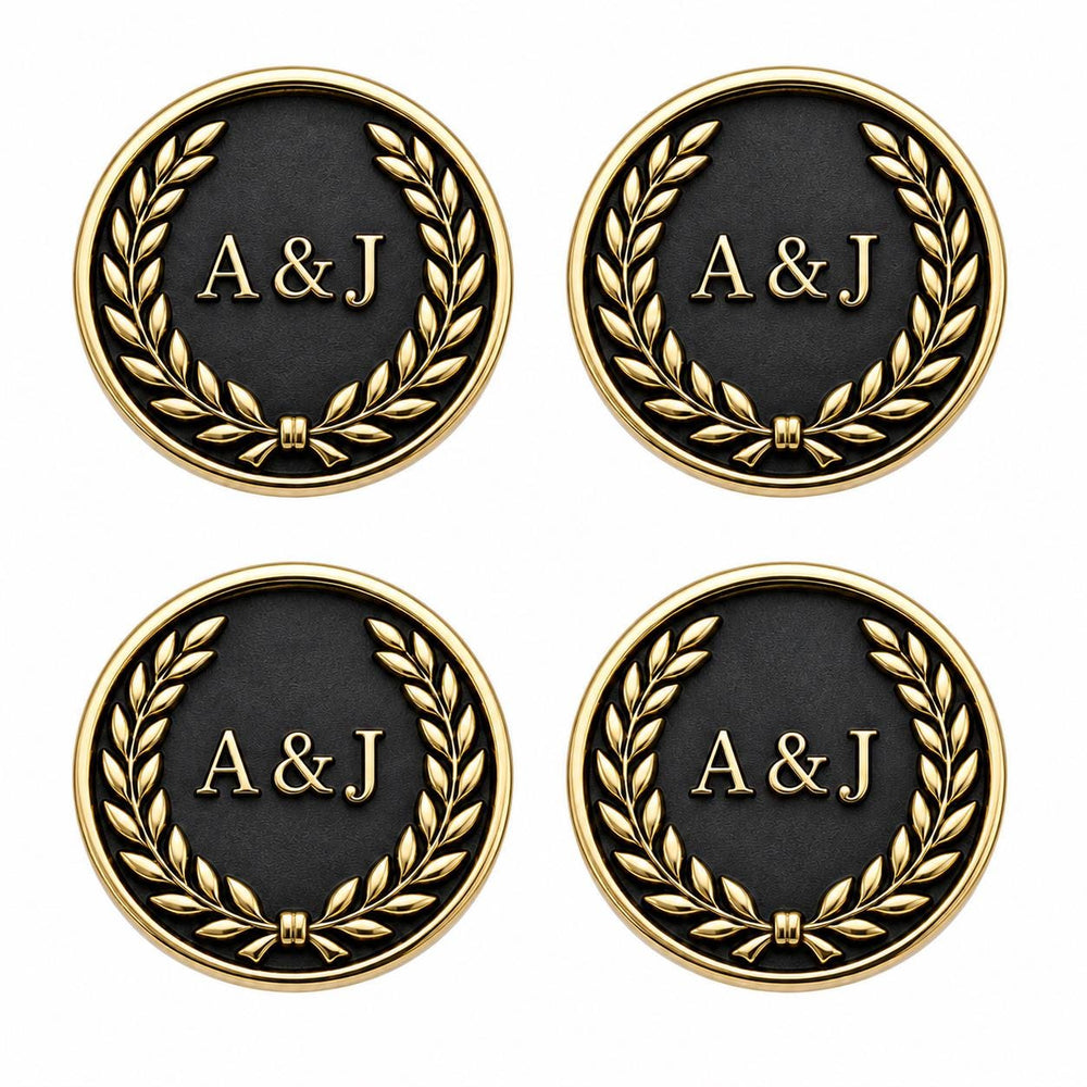 Custom round laurel monogram cabinet knob design in antique brass finish – product view 3