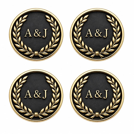 Custom round laurel monogram cabinet knob design in antique brass finish – product view 3