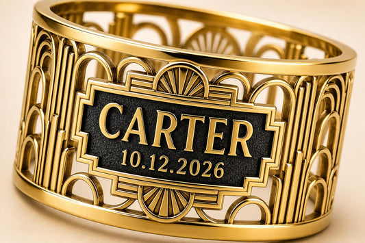 
Personalised art deco arches napkin ring in gold finish with example lettering