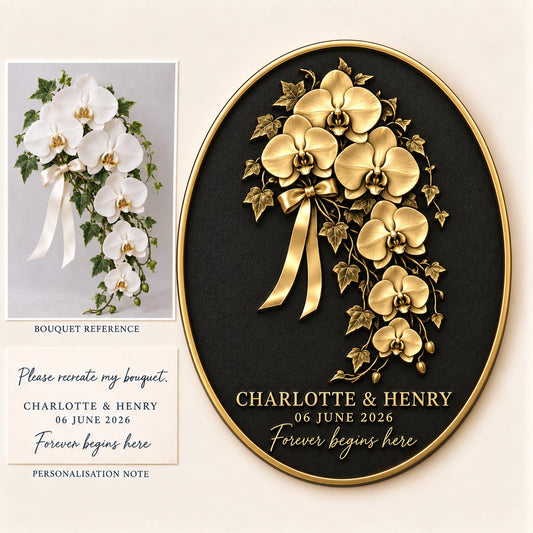 Example oval cascading orchid bouquet photograph beside a custom antique brass relief plaque
