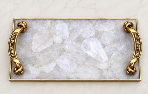 White agate tray with two single turn brass handles